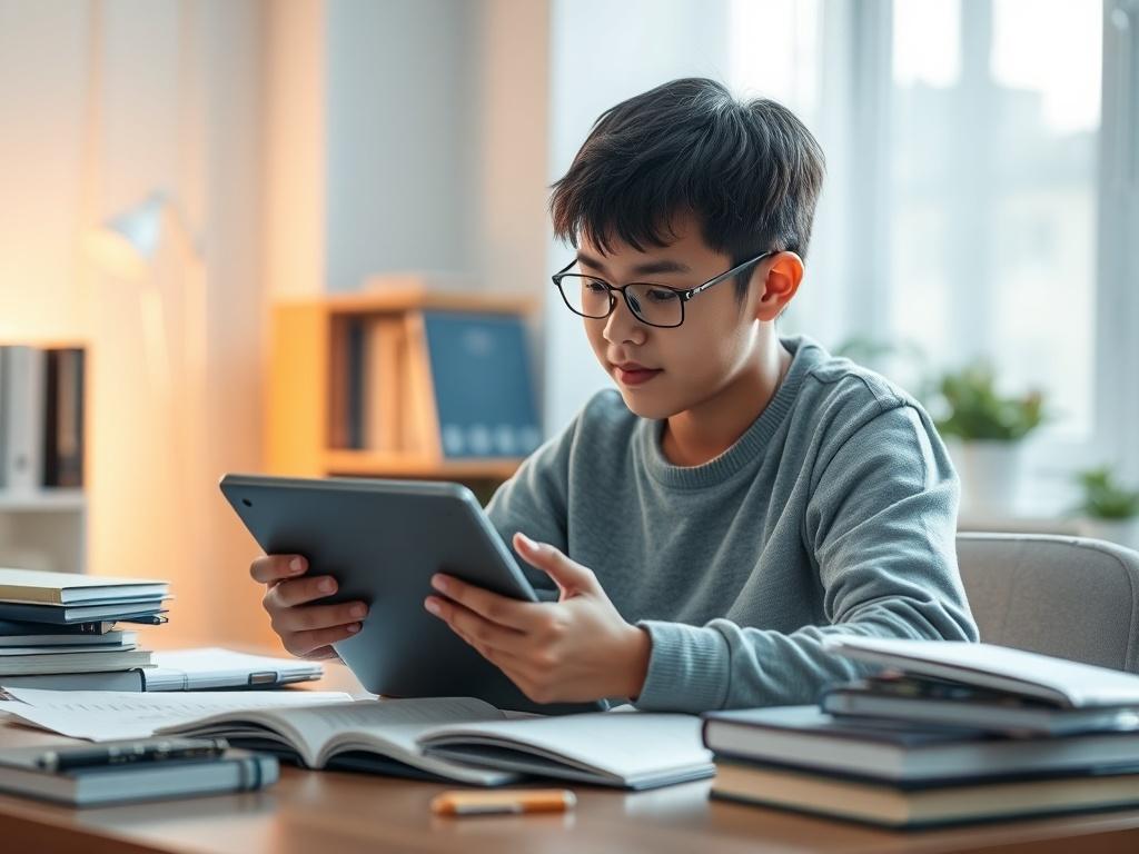 A realistic high resolution of a student engaged in interactive